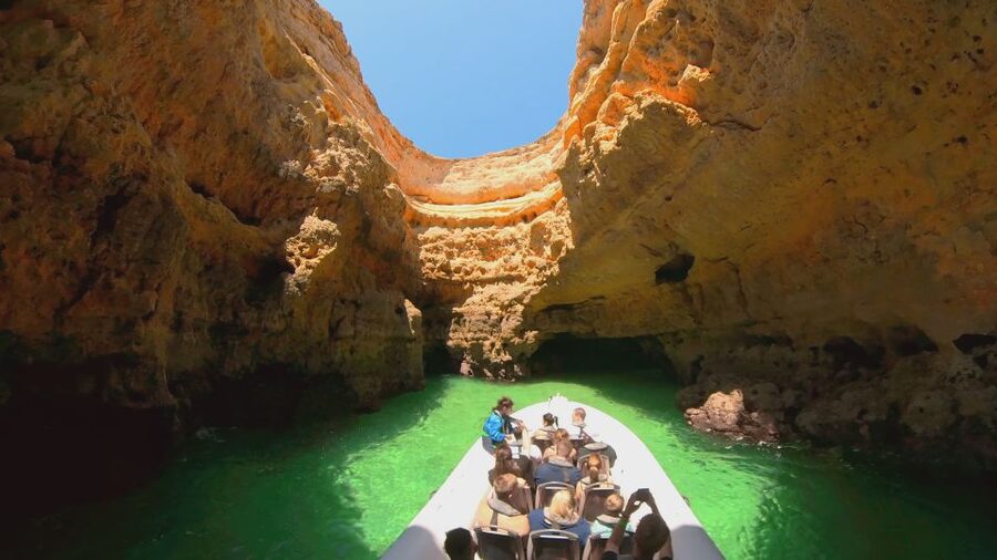 Albufeira: Benagil Cave and Dolphin Sightseeing Boat Cruise - Senhora da Rocha and its gold-colored cliffs