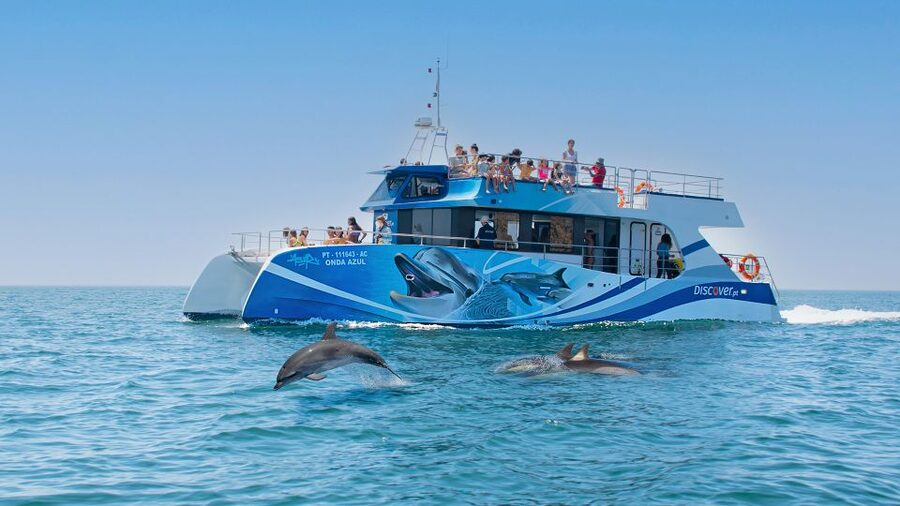 Lagos: Dolphins & Caves - Catamaran - Leaving Marina de Lagos on a roomy catamaran