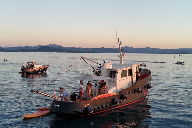 Sunset with dolphins on a vintage tugboat in Golfo Aranci - Sailing toward Cala Moresca and Figarolo